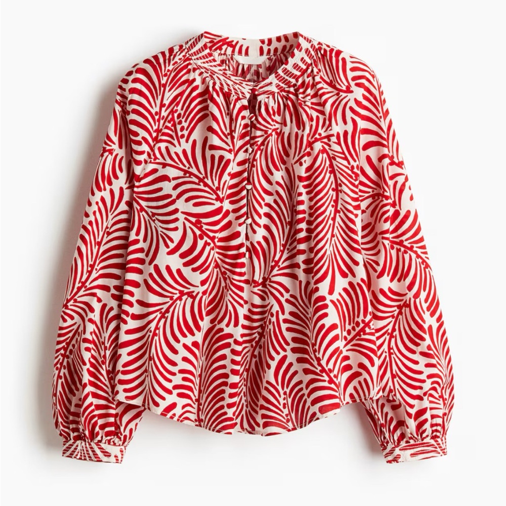 H&M Red Leaf Print Band Collar Balloon Sleeve Blouse Small